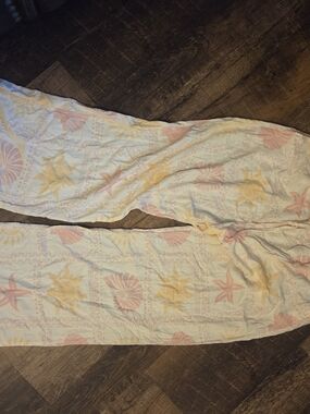 Women’s Wide Leg Beach Print Linen Pants - Pink & Yellow